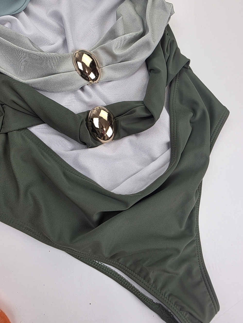 Stacked One-Piece Swimsuits with Gem Accents - Sage, Mint, Olive Sz L - Picture 4 of 16